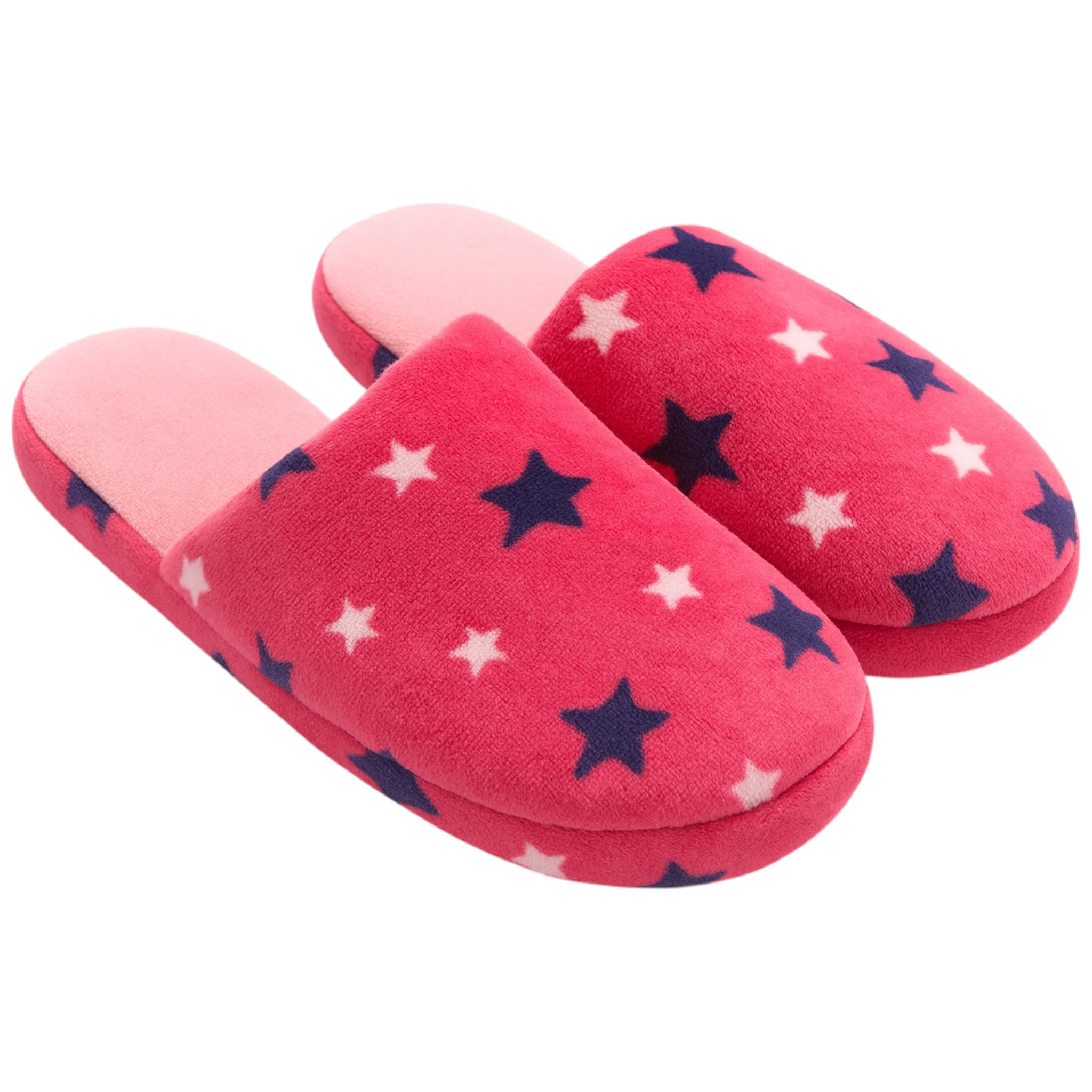 Ladies star print slippers in pink with navy and white stars, soft plush fabric, slip-on indoor design for warmth and comfort.